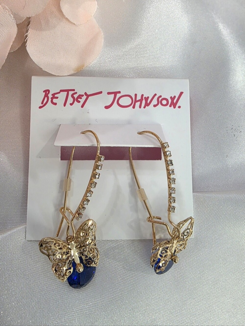 Betsey Johnson - Gold Butterfly Earrings with Blue Teardrops